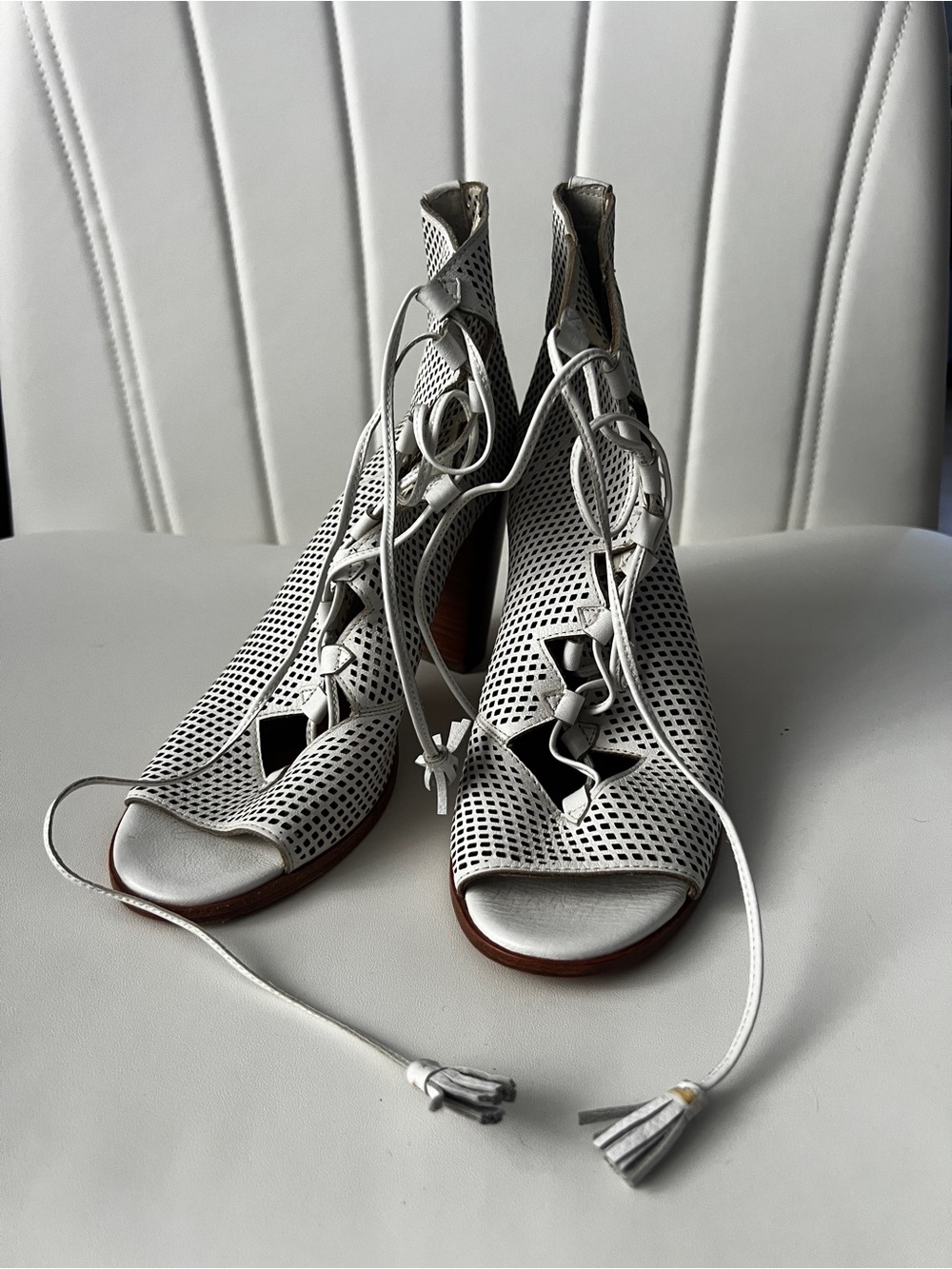 Frye White Perforated Lace-Up Peep-Toe Sandals
